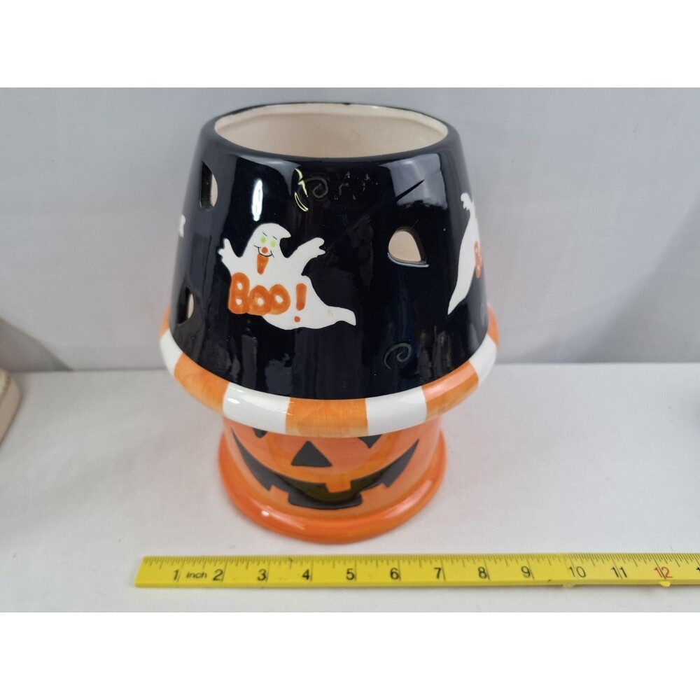 Ceramic Jack O Lantern Pumpkin Candle Holder With Shade Decor Halloween Luminary - Picture 10 of 11